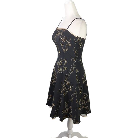 Vintage 90s Steppin' Out Black and Gold Floral Embroidered Party Dress S - Picture 3 of 5